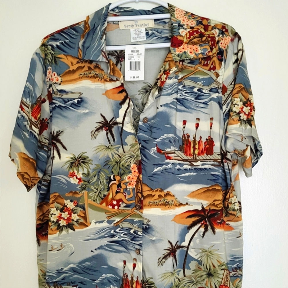 VTG Sarah Bentley Womens L Island Beach Button Down Shortsleeve